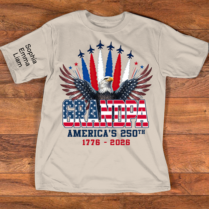 Personalized Grandpa America's 250th Anniversary Shirt Custom Kids Names on Sleeve, Patriotic Eagle Independence Day Shirt, U.S. 250th Anniversary Apparel