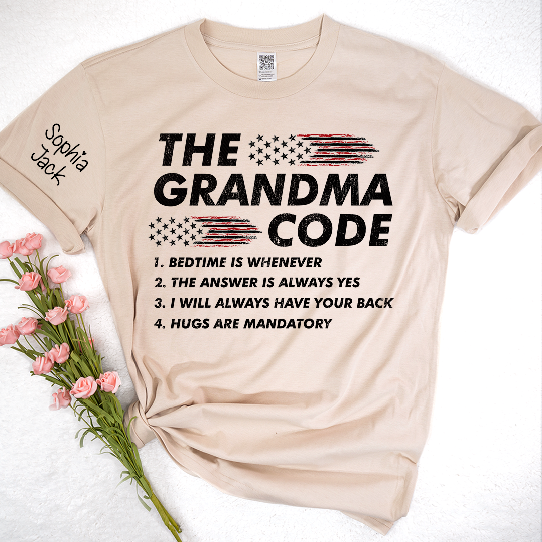 Personalized American Flag 'The Grandma Code' T-Shirt – Custom Mimi, Gigi, Nana Shirts, Fun Gift for Grandparents, Perfect for Mother’s Day and Birthdays