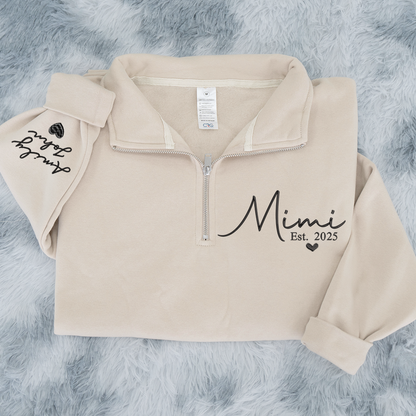 Mimi Heart Est Sweatshirt, Mimi And Grandkids Embroidered Quarter Zip Sweater