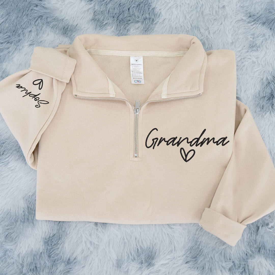 Custom Embroidered Grandma heart Sweatshirt And Grandkids Quarter Zip Sweater
