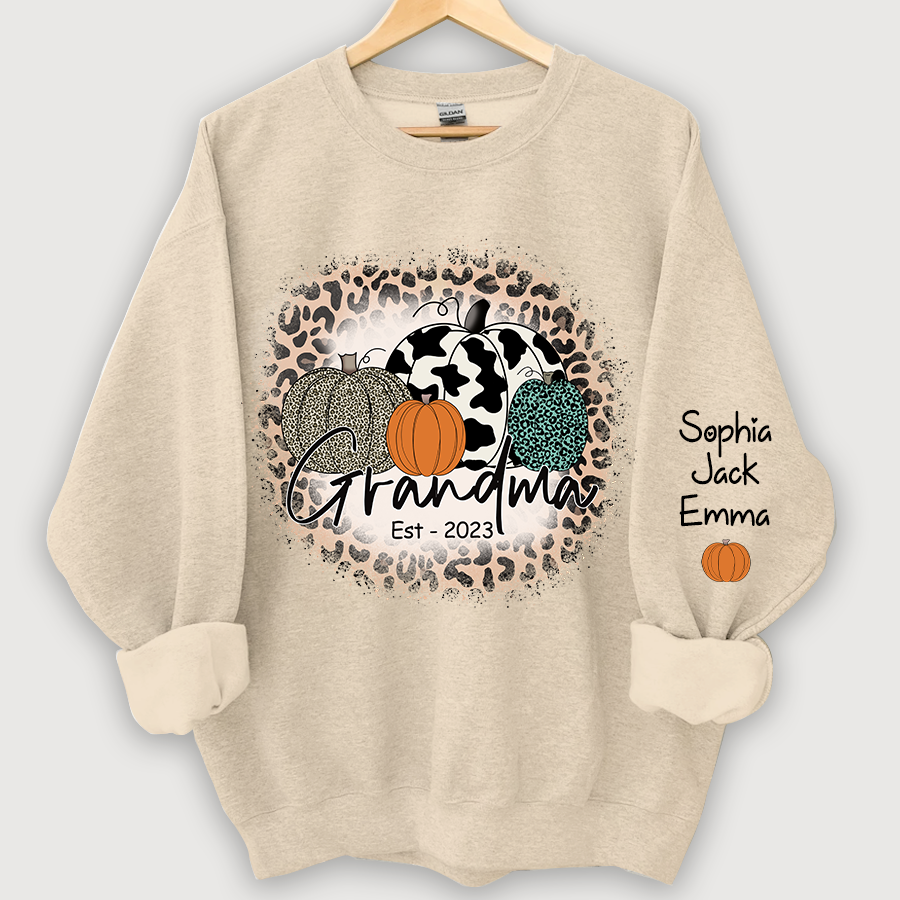 Happy Fall Leopard Pumpkin Grandma Est And Grandkids Autumn Sweatshirt