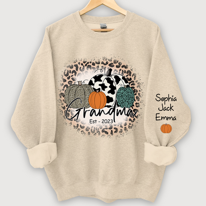 Happy Fall Leopard Pumpkin Grandma Est And Grandkids Autumn Sweatshirt