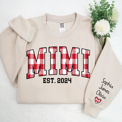 Personalized Nickname Mimi Buffalo Plaid And GrandKids Names Christmas 2024 Sweatshirt