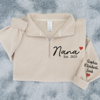 Nana Heart Sweatshirt, Personalized Nana And Grandkids Embroidered Quarter Zip Sweater