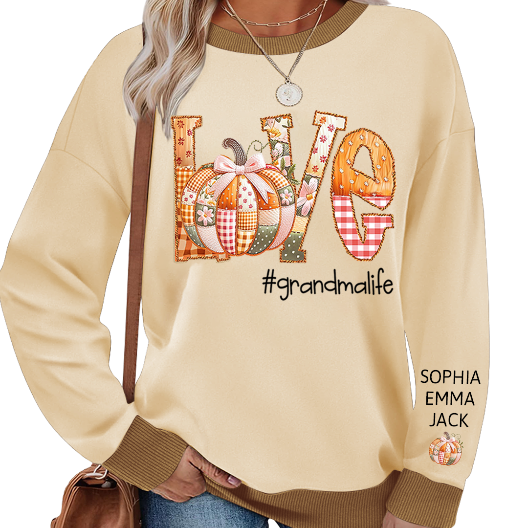 Personalized Love Grandmalife Pumpkin Patchwork Fall with Grandkids Names, Holiday Design, Cozy Family Gift for Grandma Sweatshirt Mix