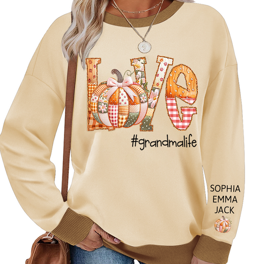 Personalized Love Grandmalife Pumpkin Patchwork Fall with Grandkids Names, Holiday Design, Cozy Family Gift for Grandma Sweatshirt Mix