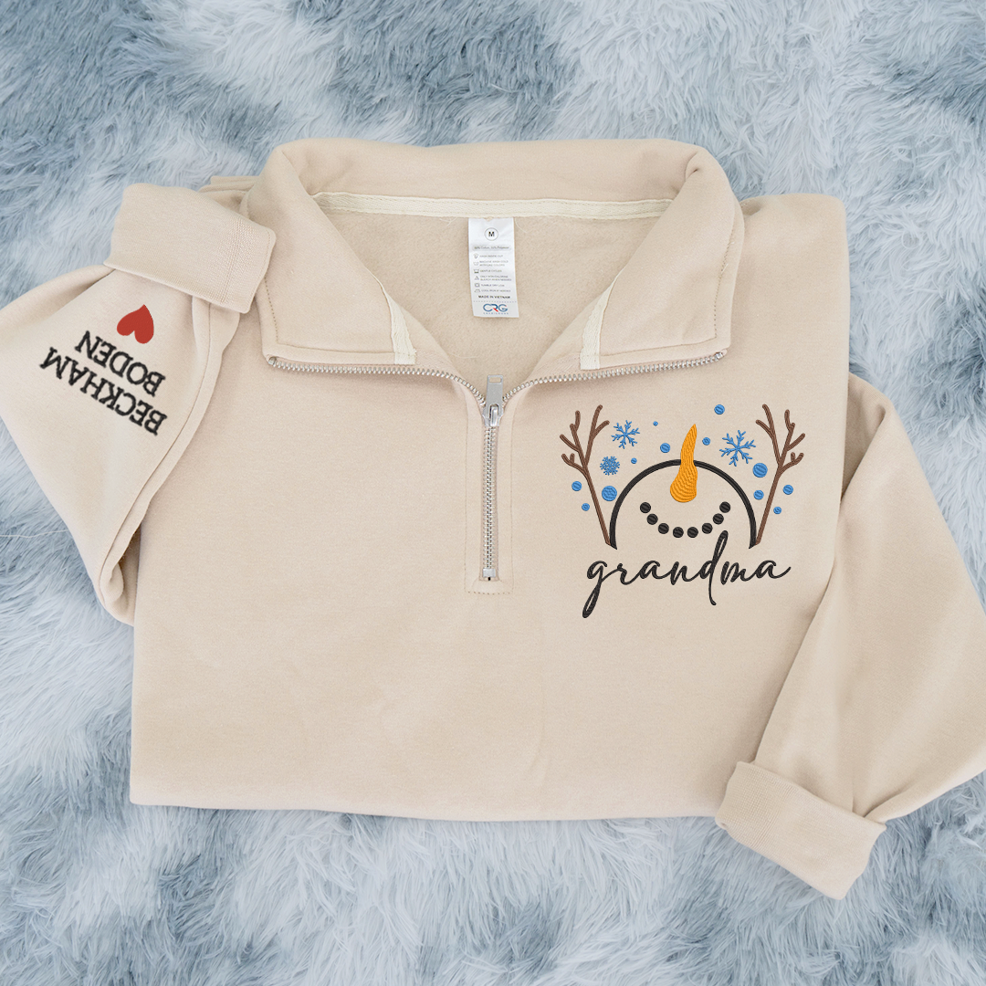 Custom Embroidered Grandma Snowman Sweatshirt And Grandkids Quarter Zip Sweater