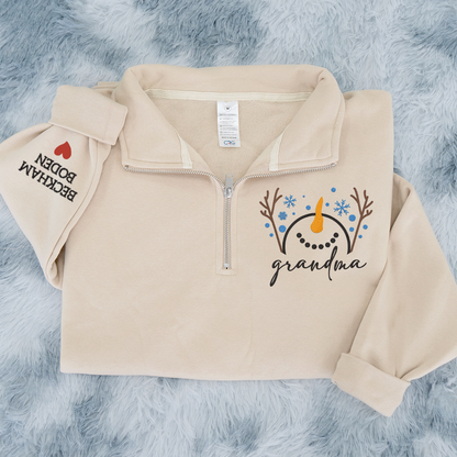 Custom Embroidered Grandma Snowman Sweatshirt And Grandkids Quarter Zip Sweater