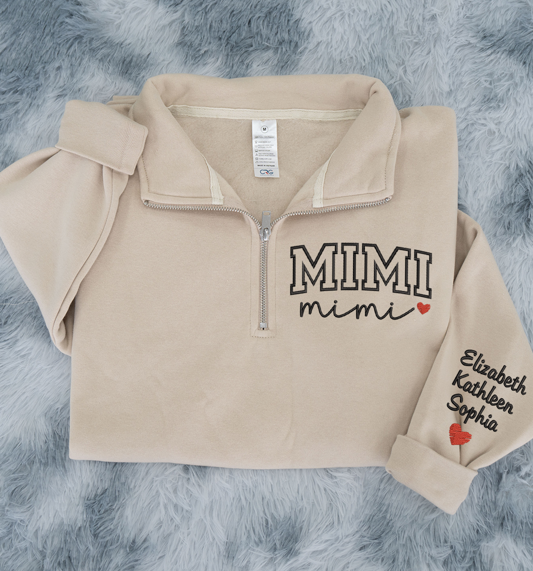 Custom Mimi Heart Sweatshirt, Personalized Mimi Embroidered Quarter Zip Sweater