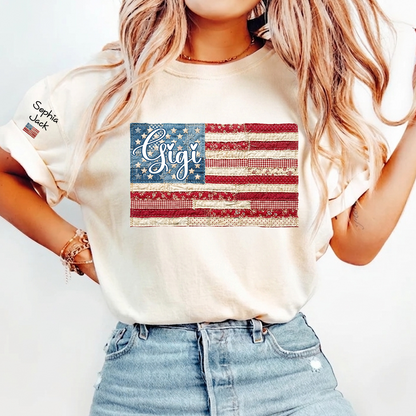 Personalized Gigi Patriotic Patchwork Flag Shirt with Custom Kids Names on Sleeve, Vintage Grandma Family Shirt for Women, 4th of July Birthday Shirt
