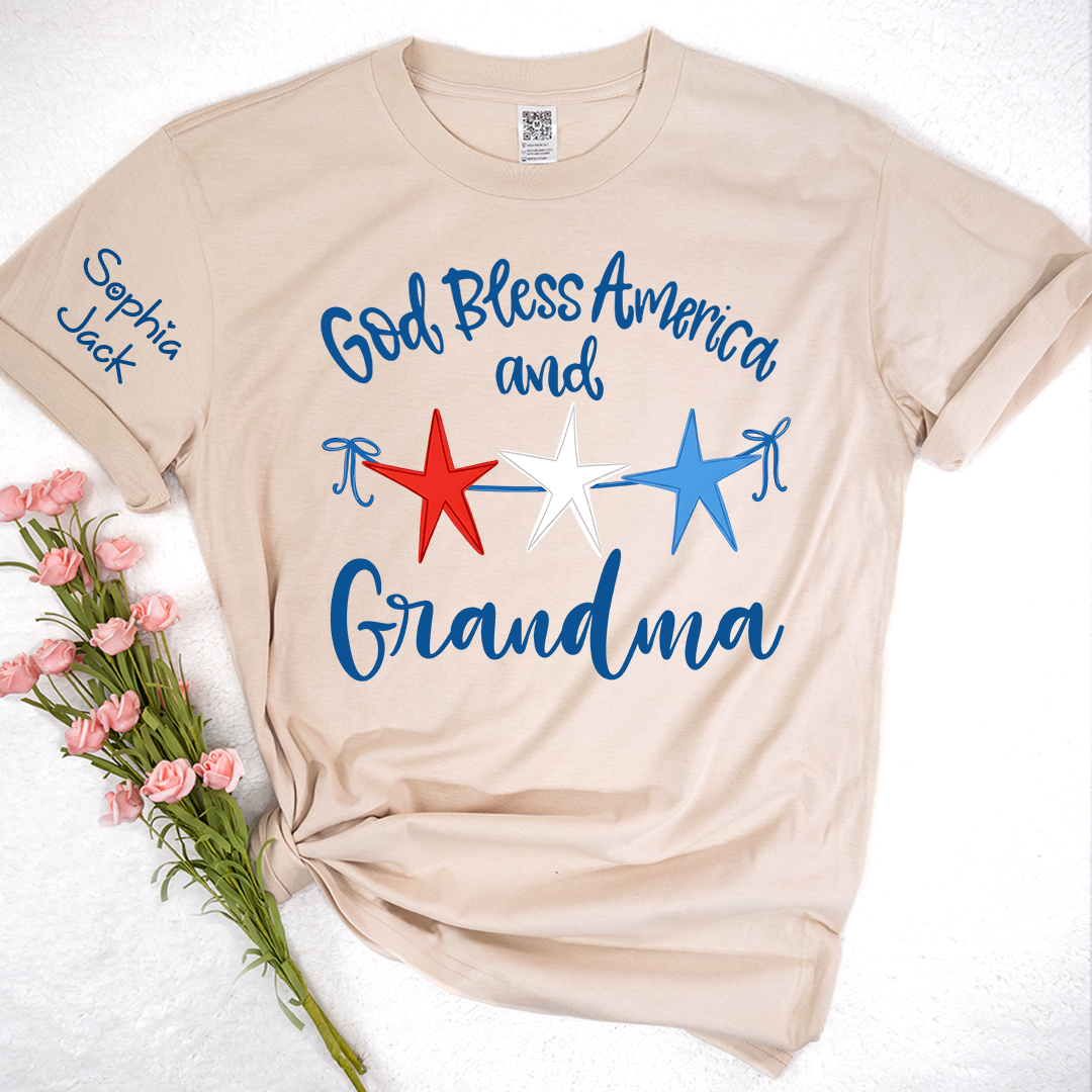 Personalized Custom God Bless America And Grandma T-shirt with Stars Design, Grandma Gigi Mama Mimi Shirt for 4th of July, Patriotic Gift for Mother's Day