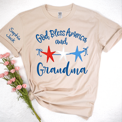 Personalized Custom God Bless America And Grandma T-shirt with Stars Design, Grandma Gigi Mama Mimi Shirt for 4th of July, Patriotic Gift for Mother's Day