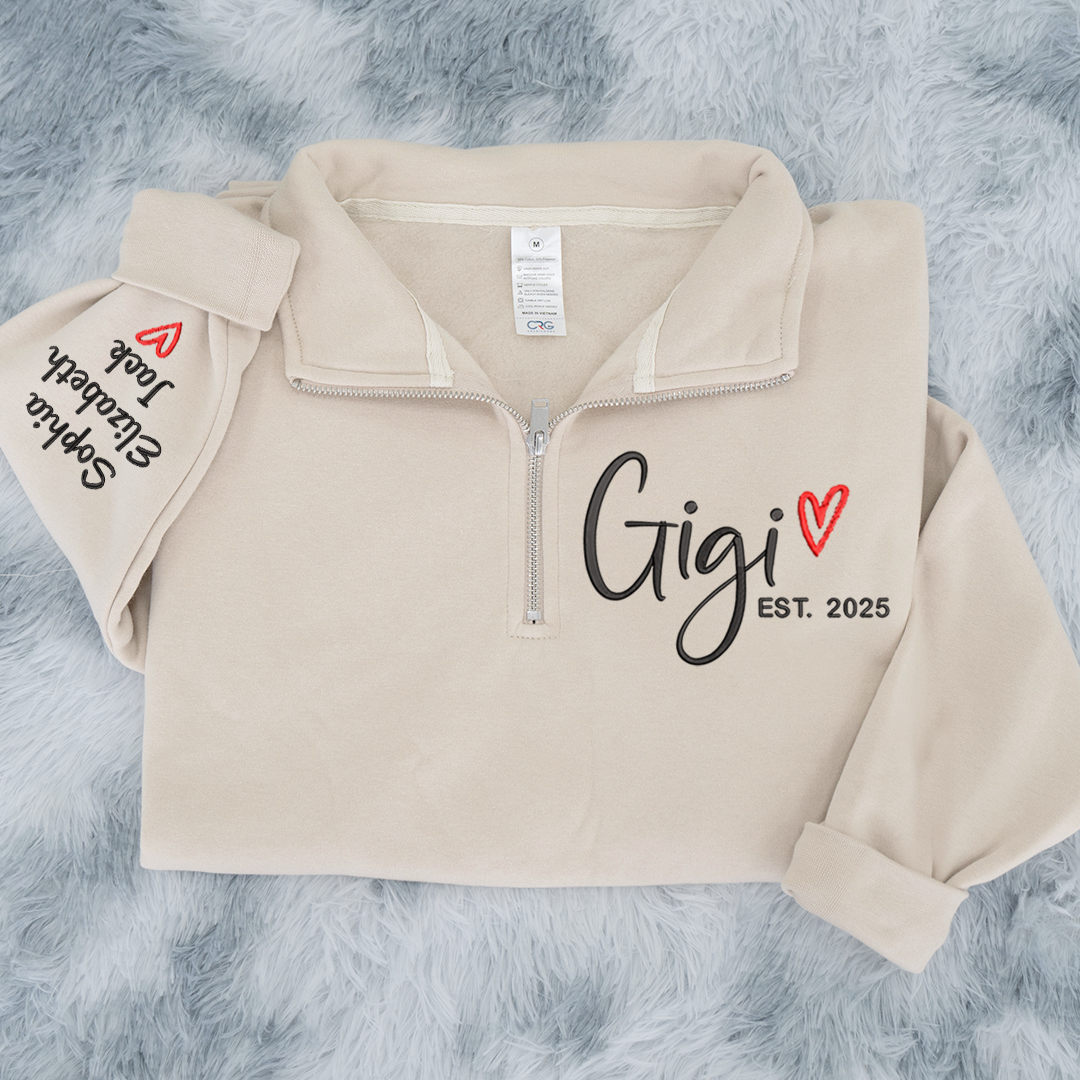 Custom Gigi Heart Est Sweatshirt, Personalized Gigi And Grandkids Embroidered Quarter Zip Sweater
