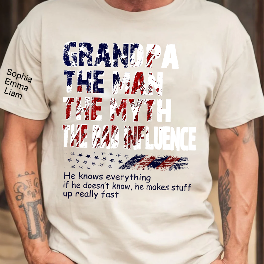 Personalized Papa The Man The Myth The Bad Influence Shirt, Custom Nickname Patriotic USA Flag Tee for Dad Grandpa Poppy, 4th of July Family Shirt Gift