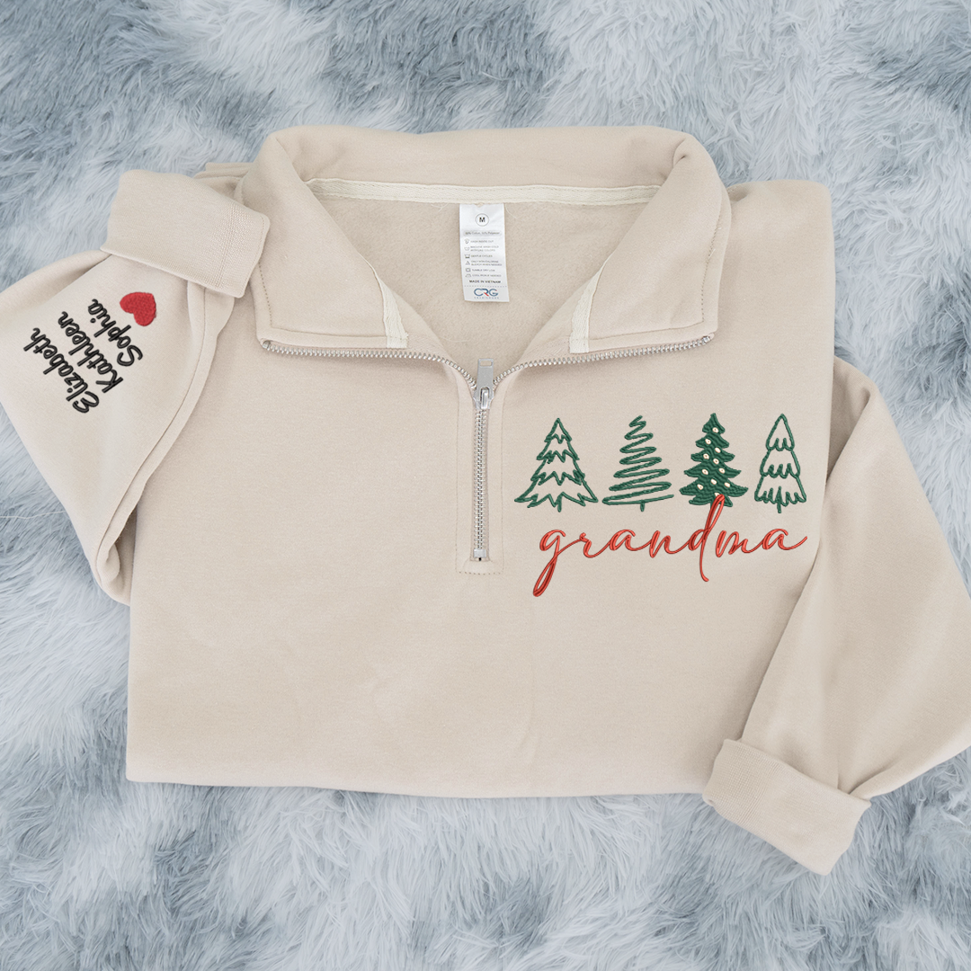 Grandma Tree Merry Christmas Sweatshirt, Grandma And Grandkids Embroidered Quarter Zip Sweater