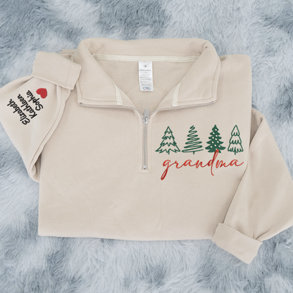 Grandma Tree Merry Christmas Sweatshirt, Grandma And Grandkids Embroidered Quarter Zip Sweater