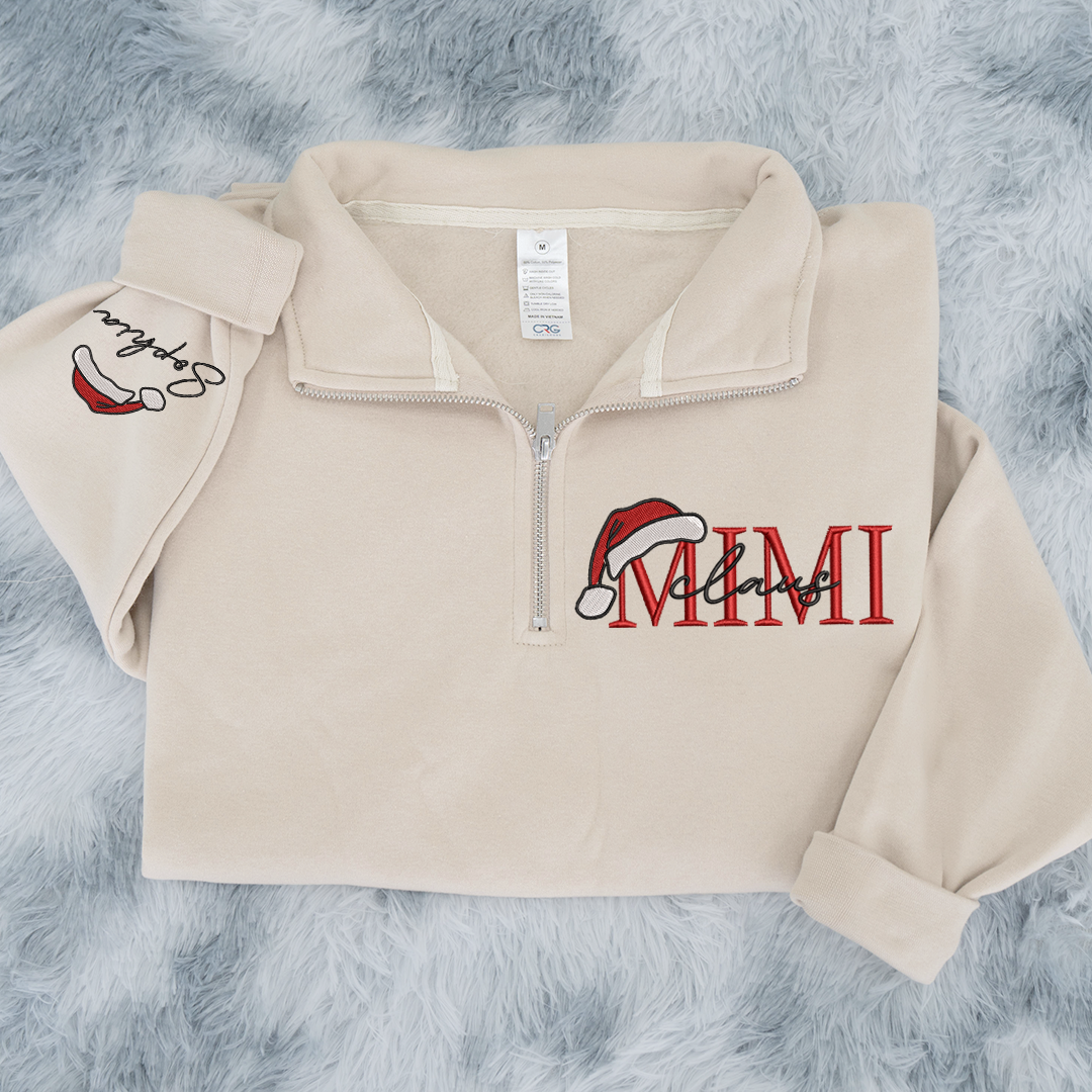 Mimi Claus Sweatshirt, Grandma And Grandkids Embroidered Quarter Zip Sweater