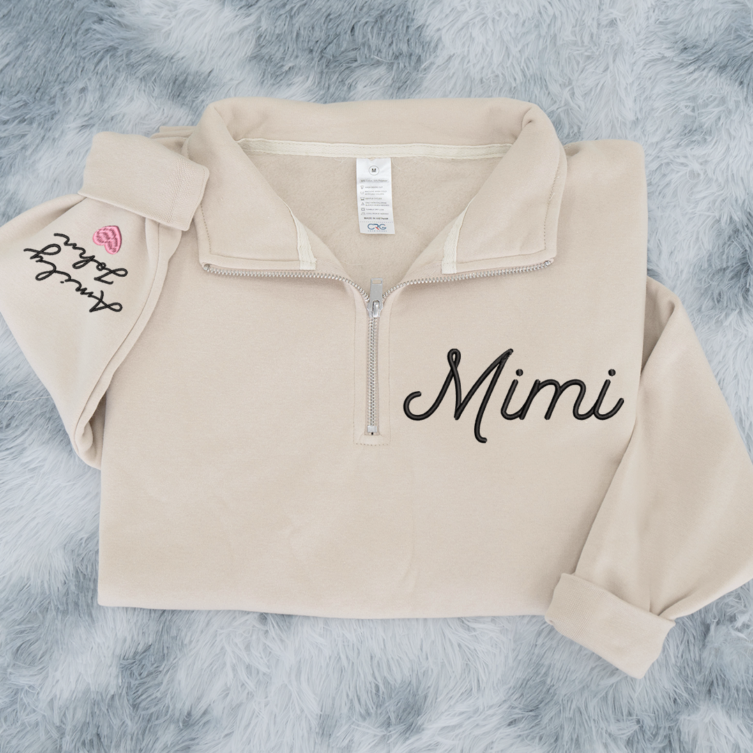 Mimi heart Pink Sweatshirt, Mimi And Grandkids Embroidered Quarter Zip Sweater