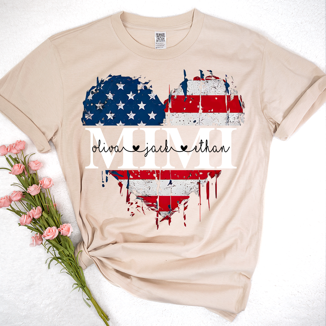 Personalized Mimi's Heart Flag T-shirt with Patriotic Design, Grandma Gigi Mama Mimi Shirt for 4th of July, Patriotic Gift for Mother's Day