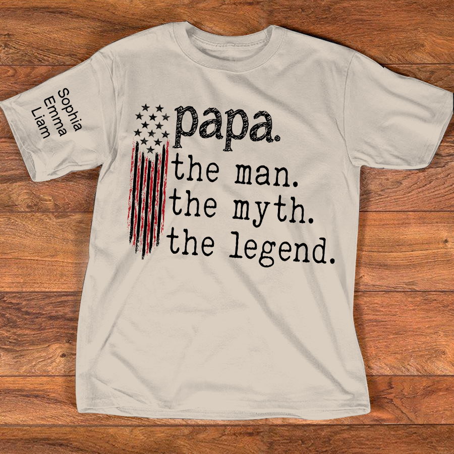 Personalized Papa The Man The Myth The Legend American Flag Shirt with Kids Names, Custom Family Nickname T-Shirt for Dad Fathers Day Gift