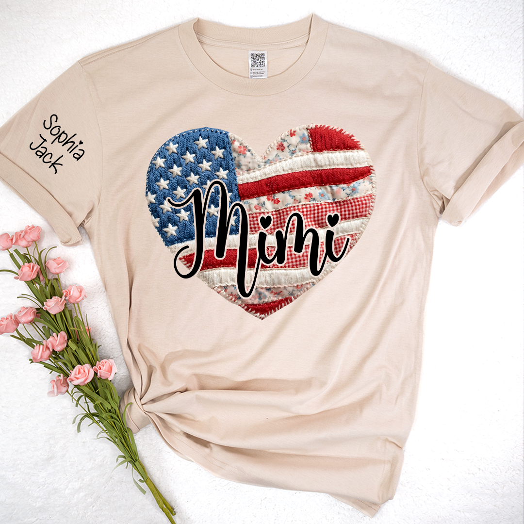 Custom Heart Flag T-Shirt, Personalized American Flag Design for Mimi, Gigi, Grandma, Nana, Patriotic Shirt for Mother's Day, Independence Day, and Birthday Gifts