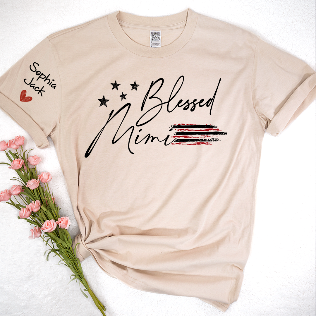 Personalized Blessed Mimi Flag American T-shirt, Custom Family Nickname Shirt with USA Flag Design for 4th of July, Perfect for Nana, Gigi, Grandma