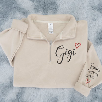 Gigi Heart Sweatshirt, Personalized Gigi Embroidered Quarter Zip Sweater