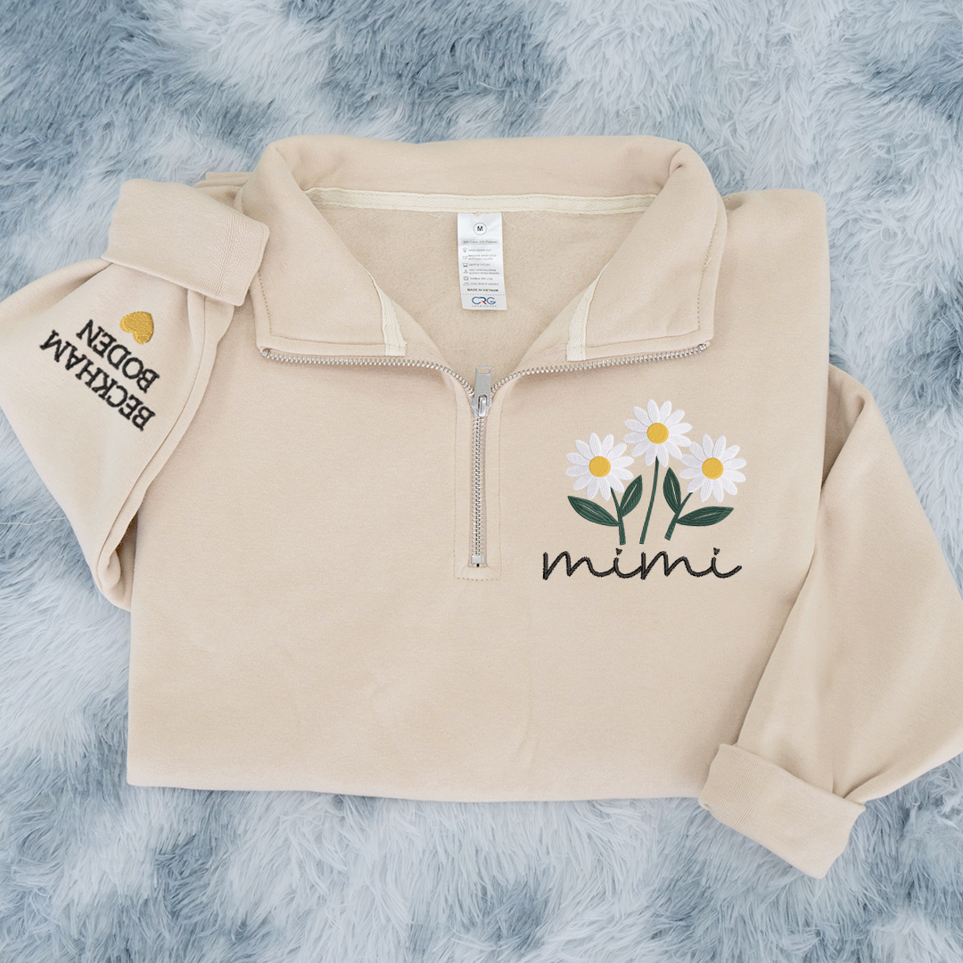Embroidered Mimi daisy flower Sweatshirt And Grandkids Quarter Zip Sweater