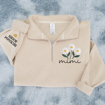 Embroidered Mimi daisy flower Sweatshirt And Grandkids Quarter Zip Sweater