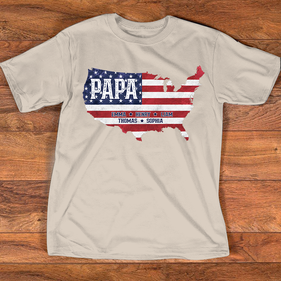 Personalized Papa American Flag Map Shirt Custom Kids Names, Patriotic Family Shirt for Dad Grandpa, Father's Day 4th of July