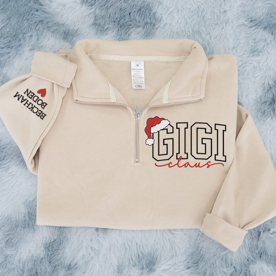 Custom Embroidered Gigi claus Sweatshirt And Grandkids Quarter Zip Sweater