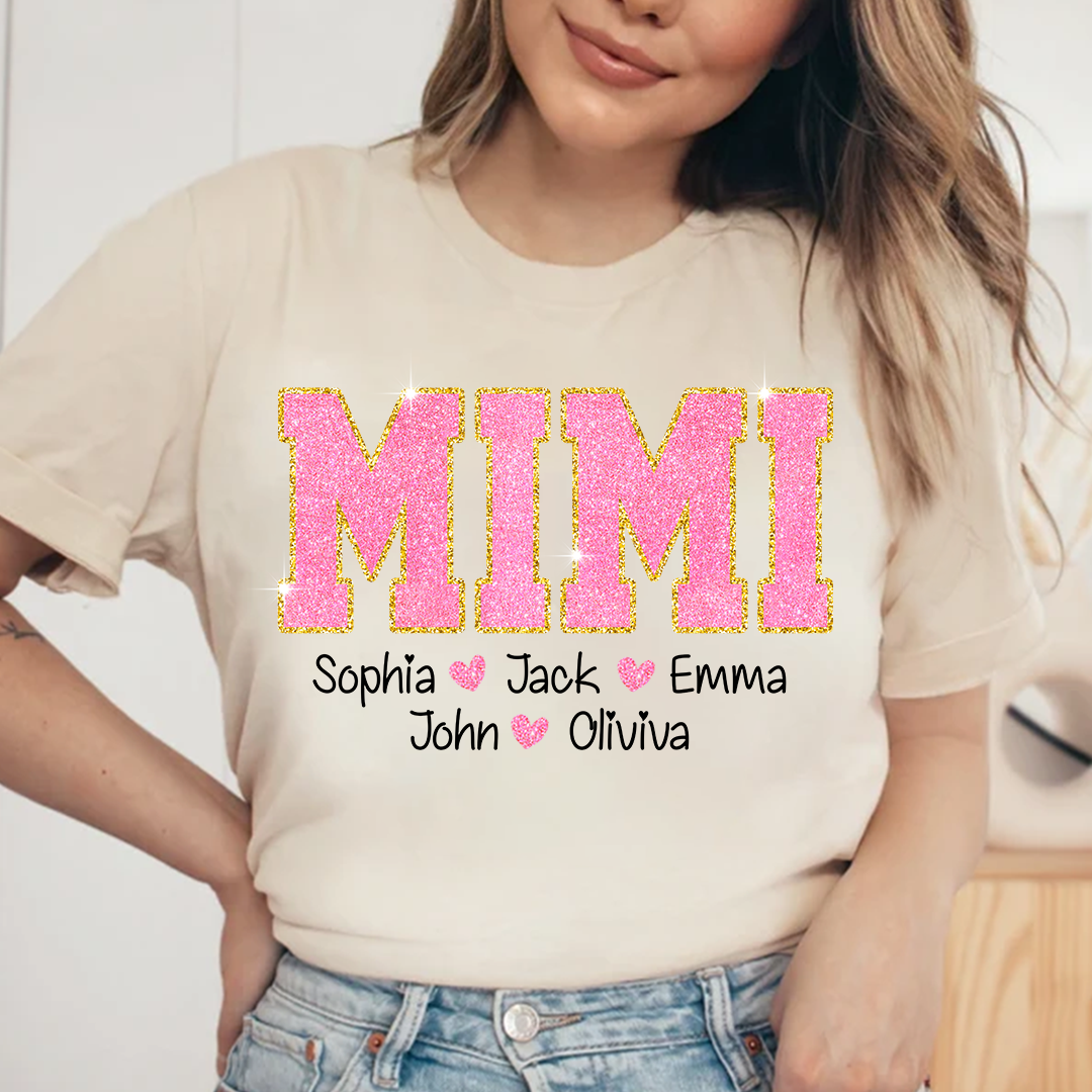 Glitter Pink Custom Name Mimi Nana Grandma And Kids T-Shirt