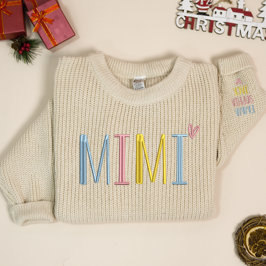 Mimi Embroidered Color  Sweater, Christmas Gift Knit Sweater – Personalized Mama Claus Sweater with Festive Design