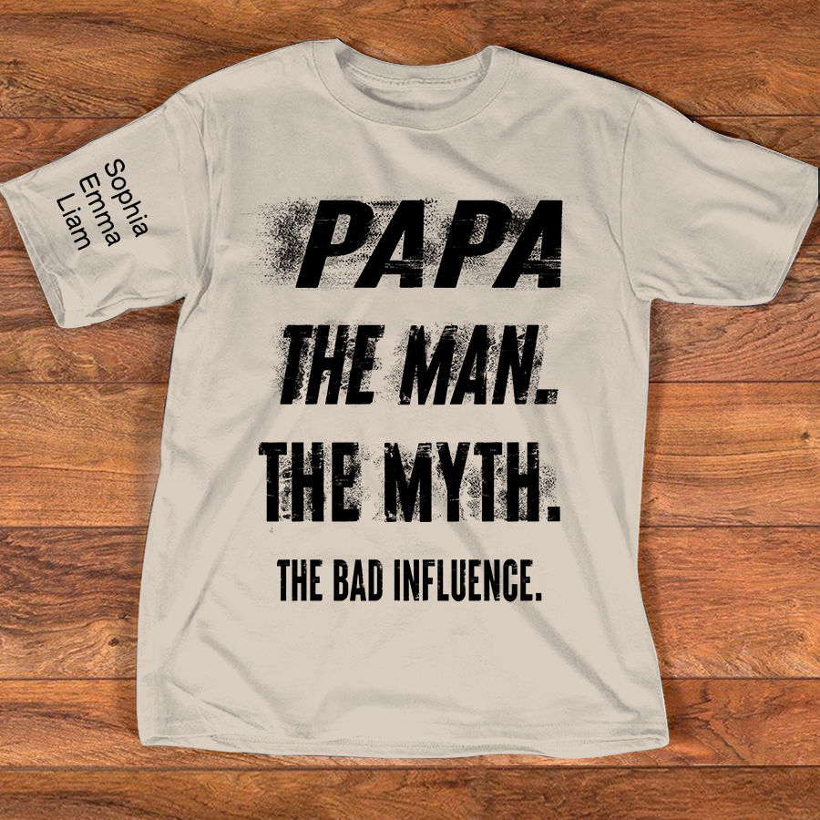 Personalized Papa Shirt with Kids Names, The Man Myth Bad Influence Grandpa Tee, Fathers Day Birthday Christmas Gift