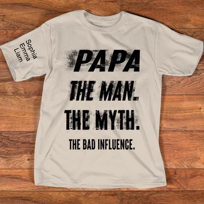 Personalized Papa Shirt with Kids Names, The Man Myth Bad Influence Grandpa Tee, Fathers Day Birthday Christmas Gift