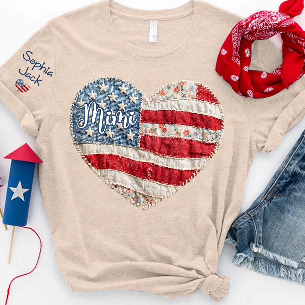 Personalized Patriotic Grandma Heart Shirt, Custom Mimi Nana Gigi Floral Flag Tee with Kids Names Sleeve, American Flag Patchwork 4th of July Gift for Grandma Mothers Day Birthday Shirt