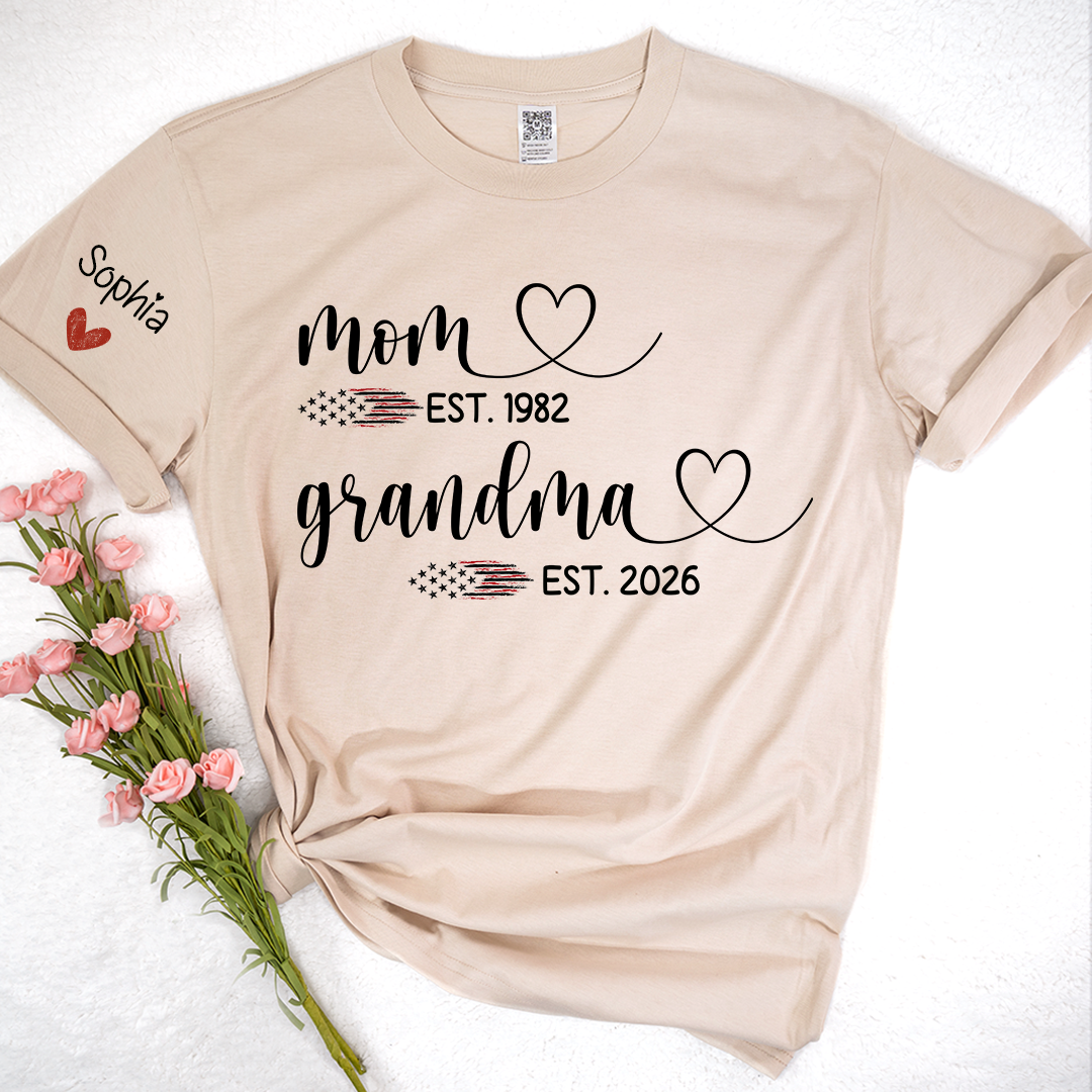 Personalized Mom & Grandma T-Shirt, Custom EST Year Design for Mom, Grandma, Mimi, Gigi, Nana, American Flag Hearts Graphic, Gifts for Mother's Day, 4th of July