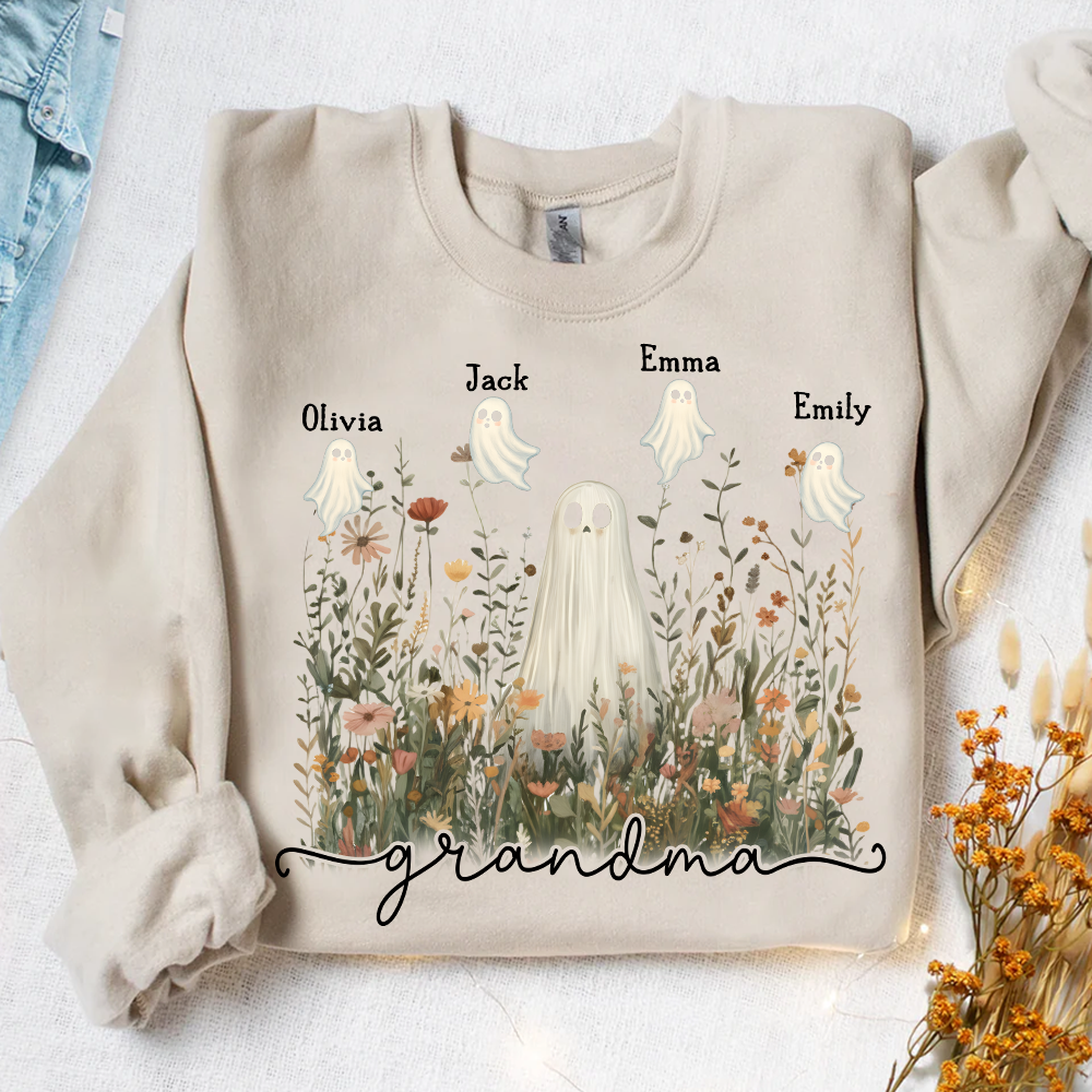 Grandma Cute Ghost in Wildflowers Halloween And Grandkids Sweatshirt