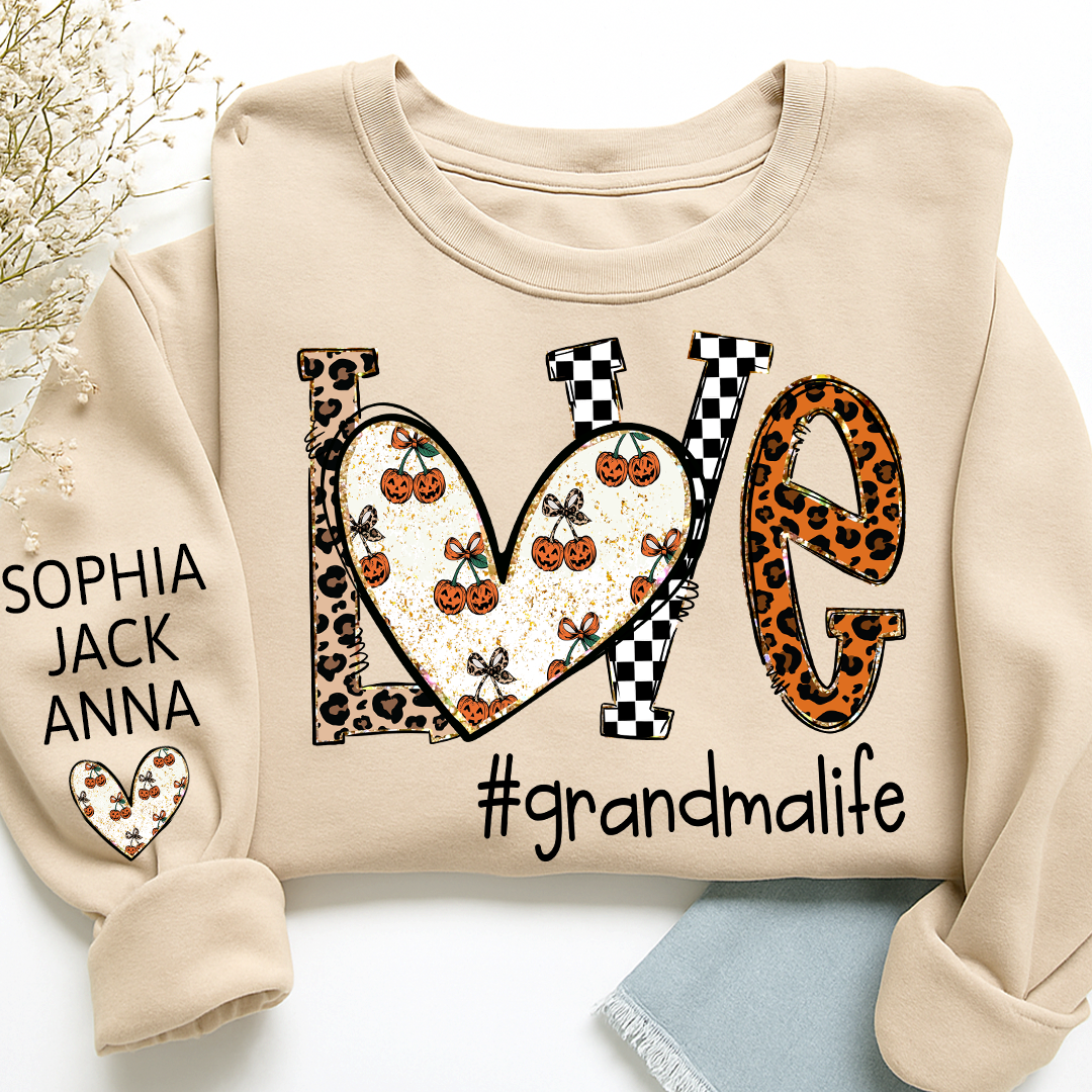 Love grandmalife Pumpkin Leopard Gift For Grandma And Grandkids Names on Sleeve Sweatshirt