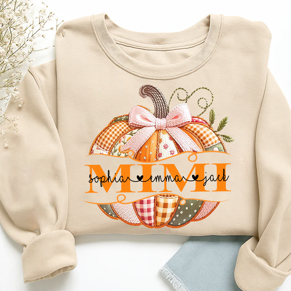 Mimi Pumpkin with Grandkids Name Design – Fall Gift for Grandma Sweatshirt