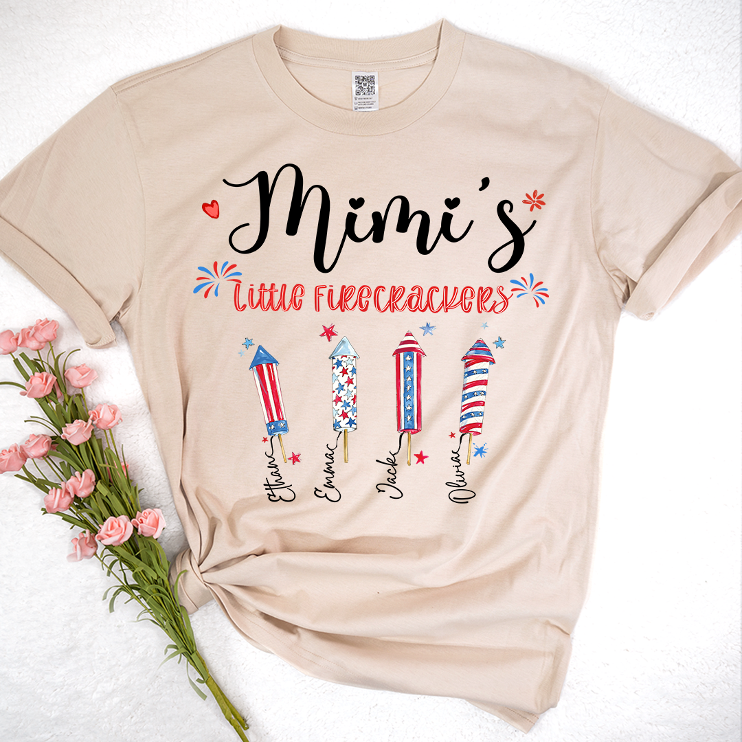 Personalized Mimi's Little Firecrackers T-shirt with Patriotic Fireworks Design, Grandma Gigi Mama Mimi Shirt for 4th of July, Patriotic Gift for Mother's Day