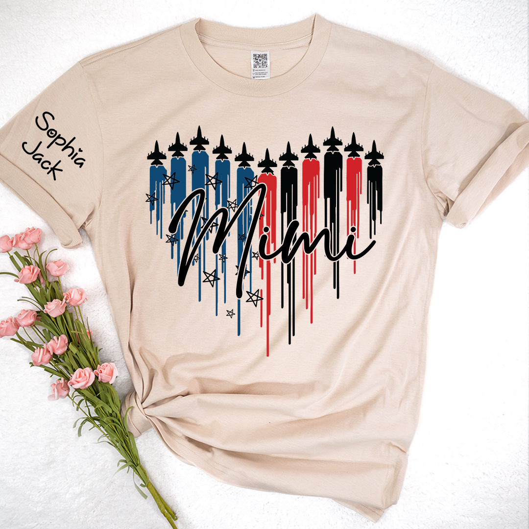 Personalized Mimi Patriotic Jet Heart USA Graphic Tee, Custom Family Nickname Shirt  for 4th of July, Gifts for Mother's Day, Birthday