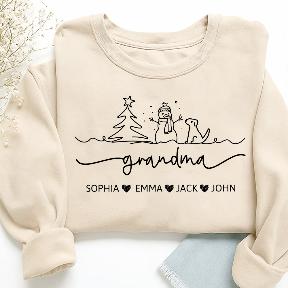 Grandma Snowman Dog Line Drawing And Grandkids Merry Christmas Sweatshirt