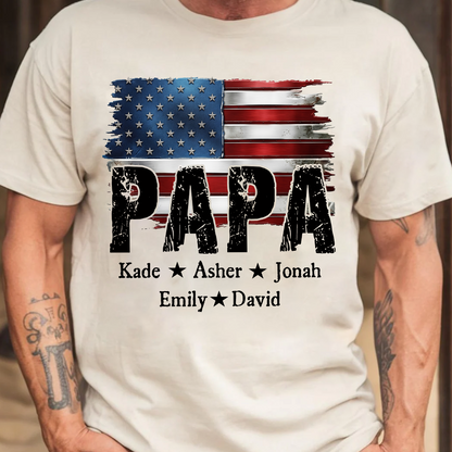 Personalized Papa Shirt Custom Kids Names Patriotic USA Flag, Custom Family Nickname for Dad Grandpa Birthday Father's Day Gift