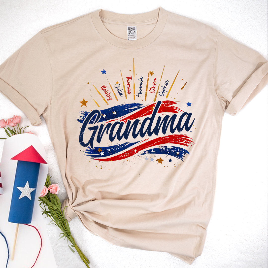 Personalized Grandma Shirt, Custom American Flag Design with Kids' Names, Family T Shirt for 4th of July