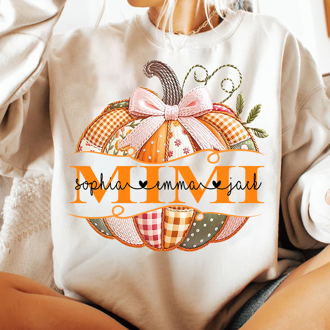 Mimi Pumpkin with Grandkids Name Design – Fall Gift for Grandma Sweatshirt