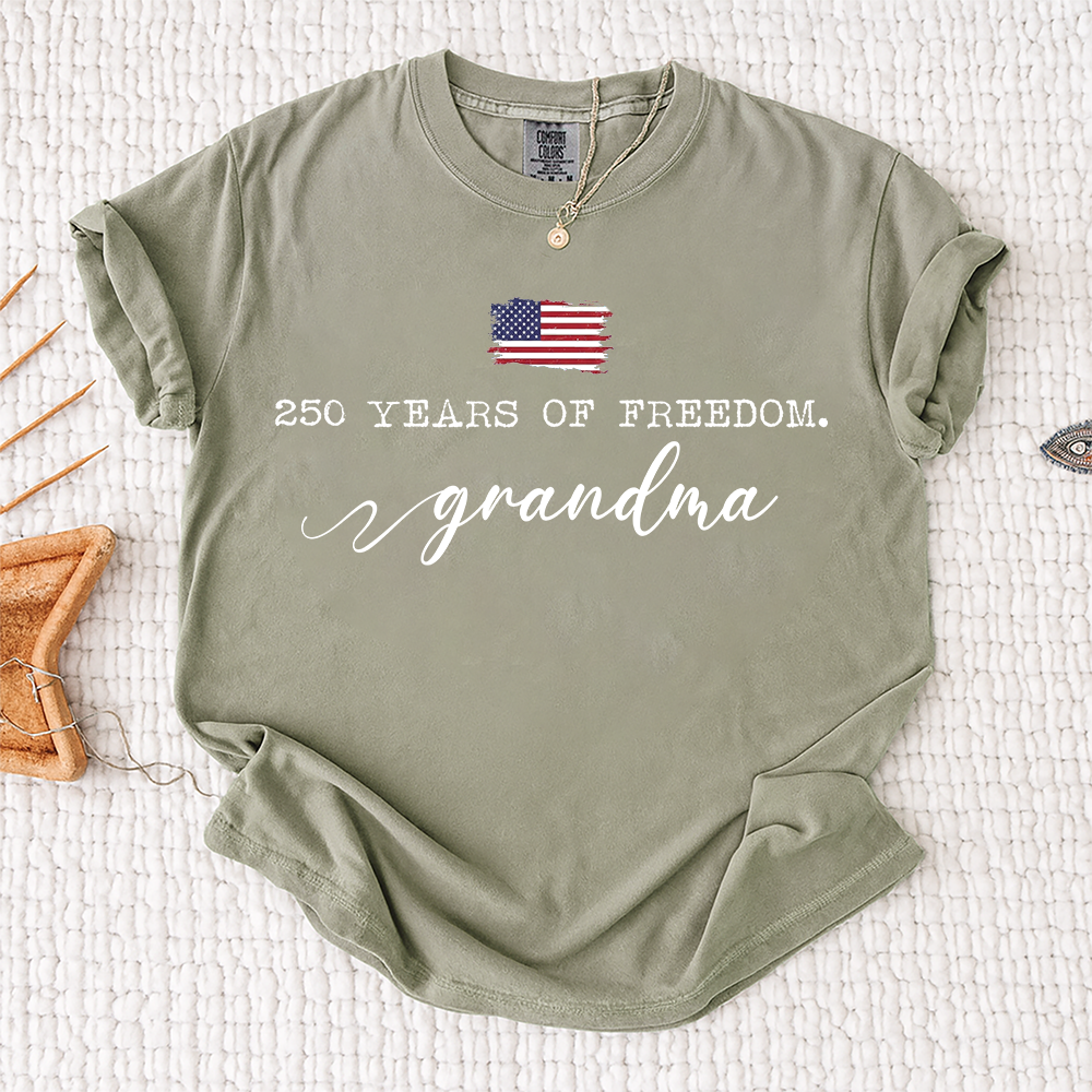 Comfort Colors® 250 Years of Freedom Personalized T-Shirt, Custom USA Flag Design for Grandma, Mama, Mimi, Gigi, Patriotic Family Shirt, Gifts for Independence Day, 4th of July