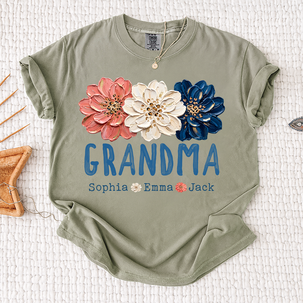 Comfort Colors® Patriotic Floral Grandma T-Shirt, Personalized Nana Mimi Mama Shirt with Kids Names, 4th of July Independence Day Gift