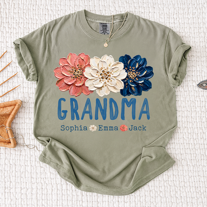 Comfort Colors® Patriotic Floral Grandma T-Shirt, Personalized Nana Mimi Mama Shirt with Kids Names, 4th of July Independence Day Gift