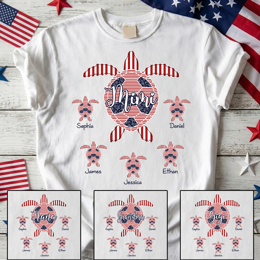 Personalized Mimi Sea Turtle Shirt with Grandkids Names, Custom Coastal Family Tee, Patriotic Beach Turtle Shirt for Women